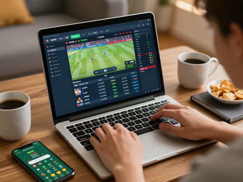 Engaging online sports betting experience using 789BET's platform in a cozy home