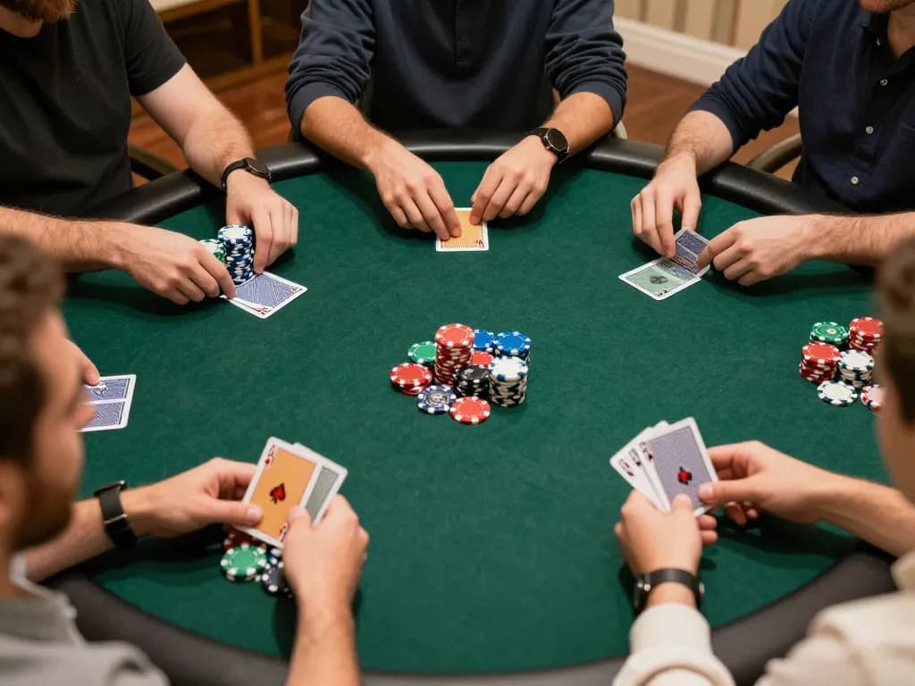 Permainan poker online DASI4D dalam aksi, menampilkan tangan pemain dengan kartu dan chip taruhan di lingkungan rumah yang cerah.
