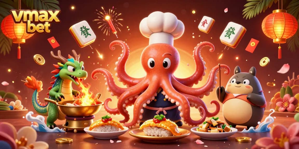 Experience vibrant vmax bet gaming with a dynamic illustration featuring an octopus chef and dragon.