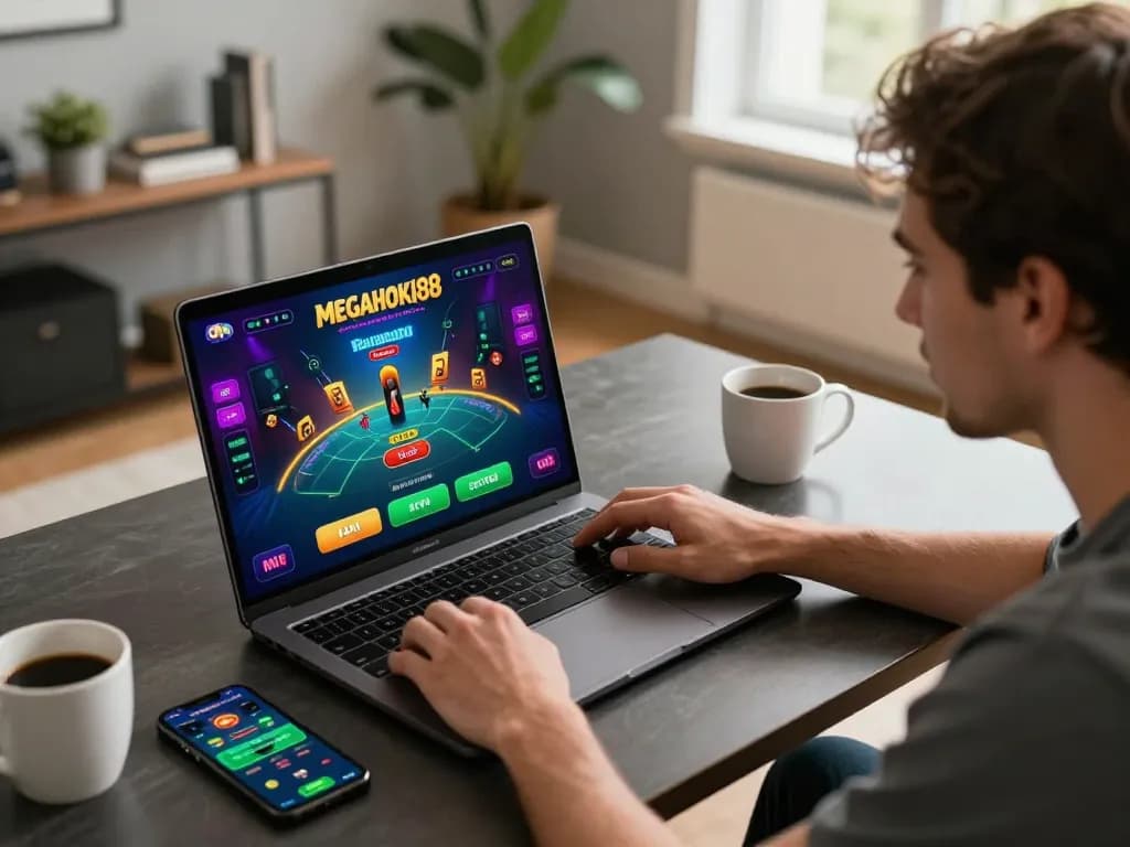 Engaged player strategizing while playing megahoki88 blackjack on a laptop in a modern home.