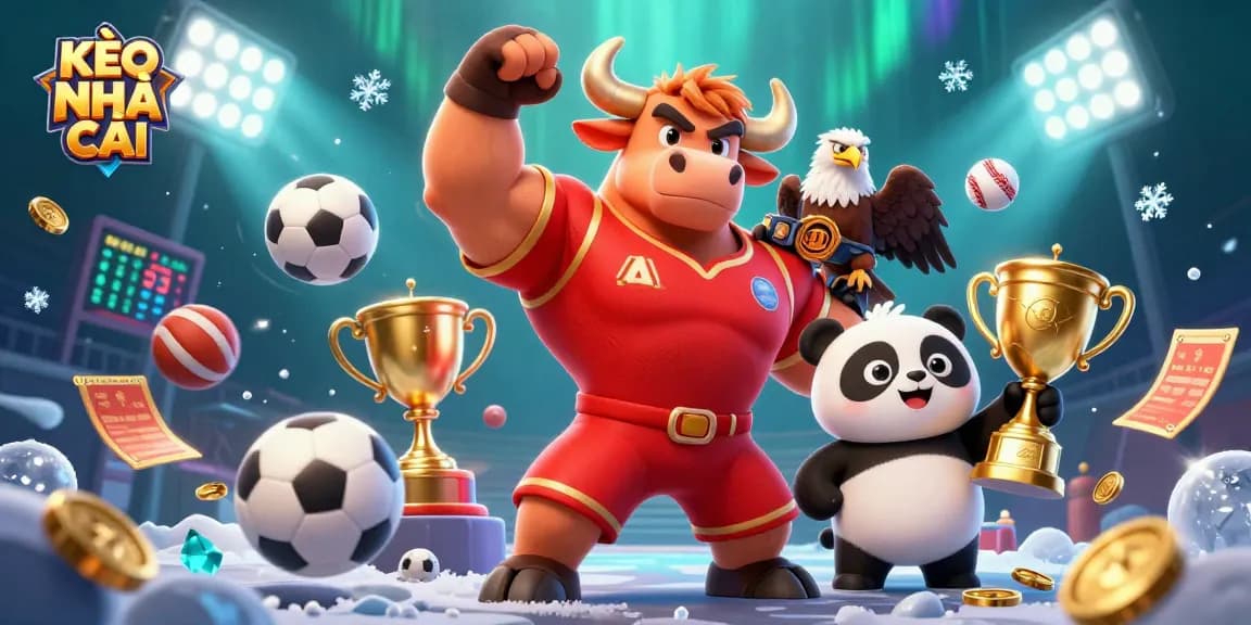 KÈO NHÀ CÁI showcases a dynamic sports betting celebration with mascot characters and action-packed elements.