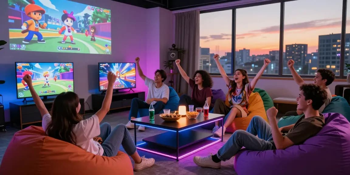 Friends enjoying a hentai game in a colorful gaming lounge, surrounded by snacks and a vibrant atmosphere.