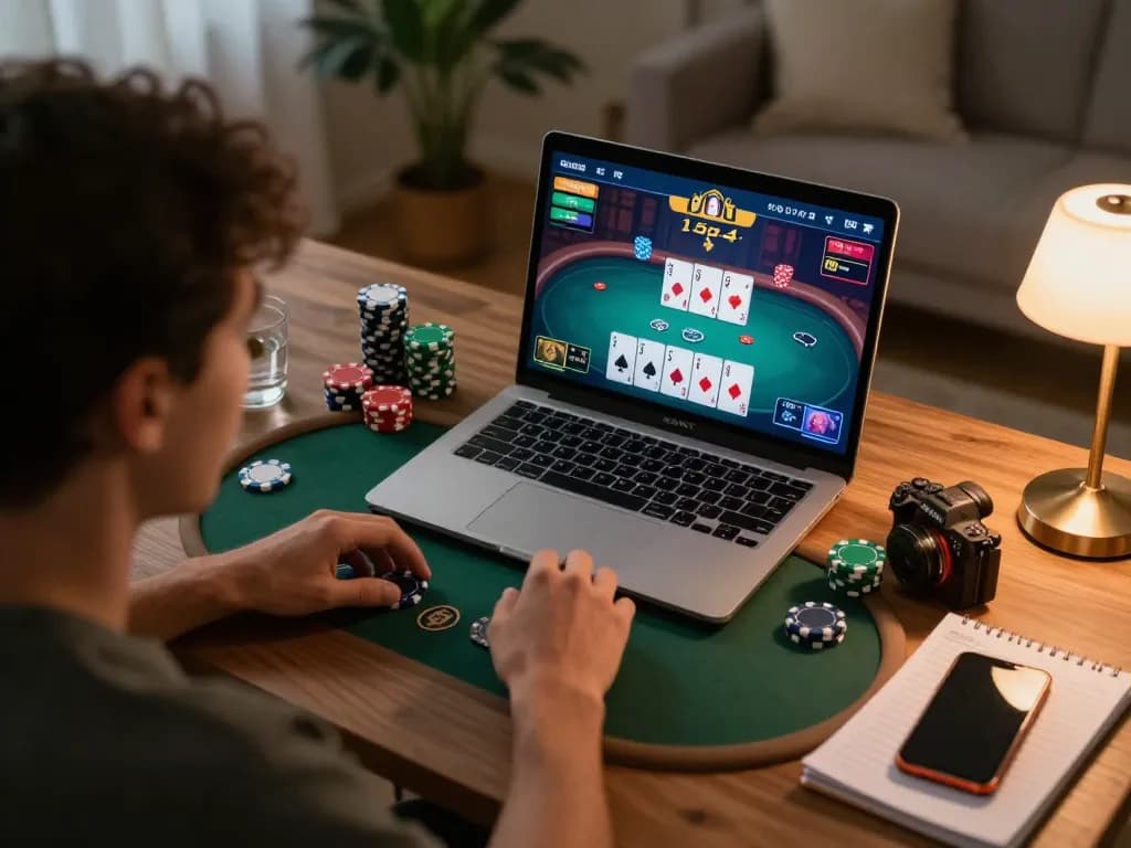 RR88 player strategizing poker game on laptop, cozy home setting with warm lighting.
