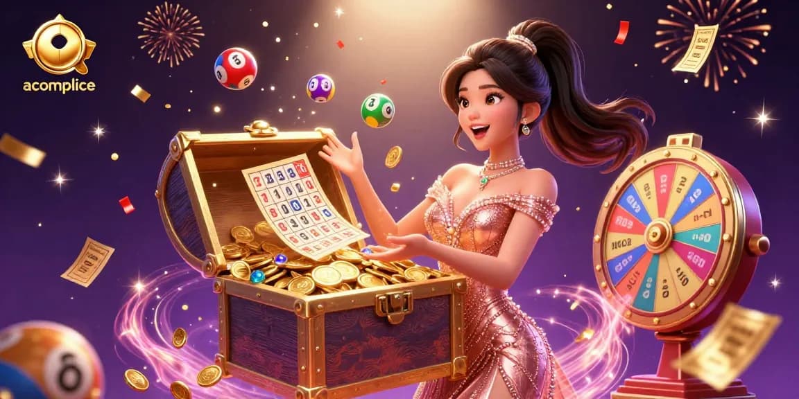 Experience the thrill of winning at accomplice with vibrant lottery elements and a joyful atmosphere.