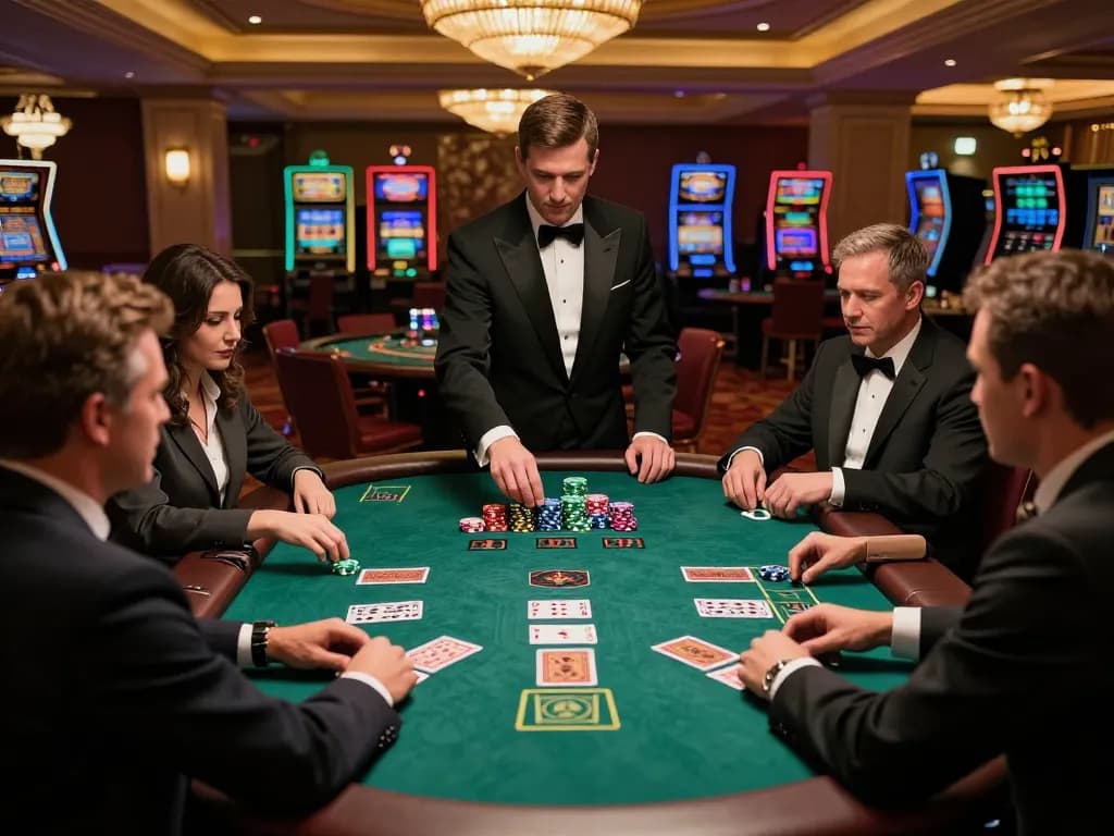 Players engaging in an exciting blackjack game at 789bet casino, vibrant atmosphere with chips and cards.