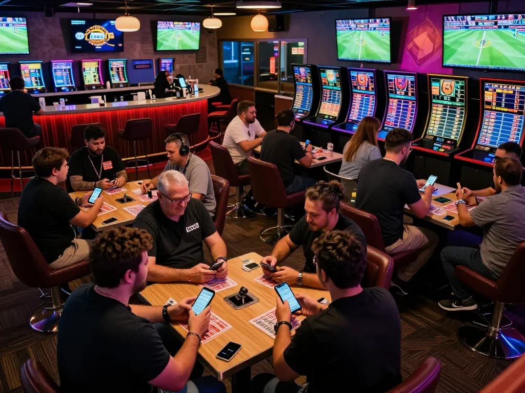 Sports bettors engaging with apps at nhà cái goal123 lounge, dynamic atmosphere with live events.