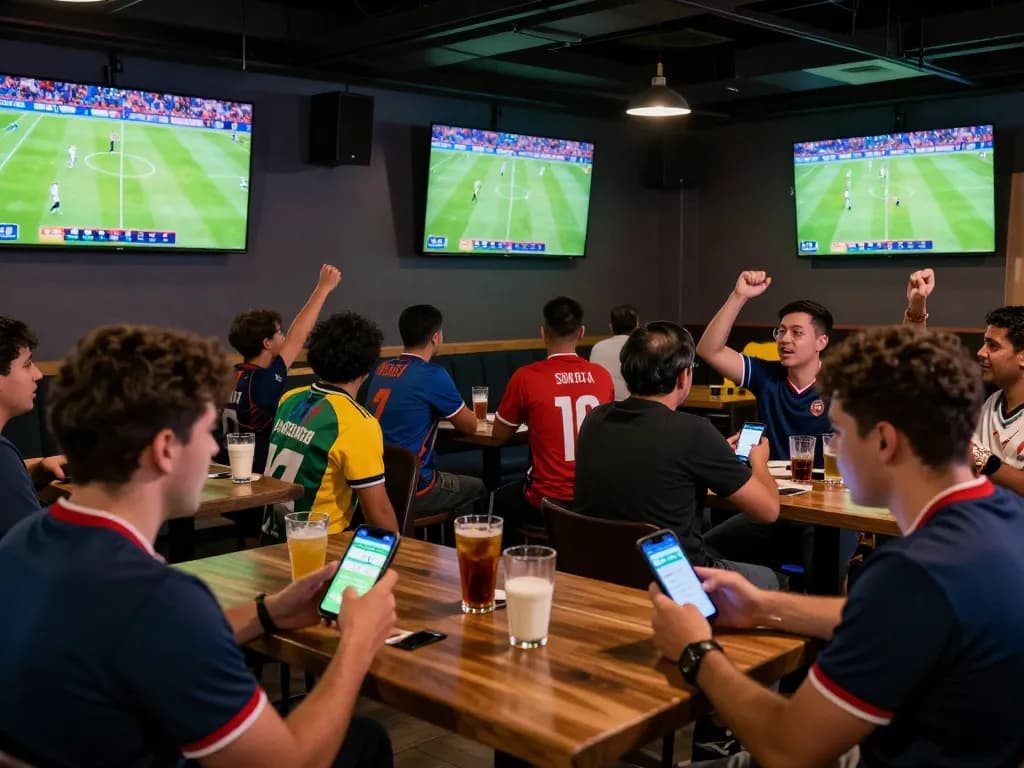 Tỷ lệ kèo trực tuyến displayed as fans enthusiastically betting on live soccer matches in a sports bar