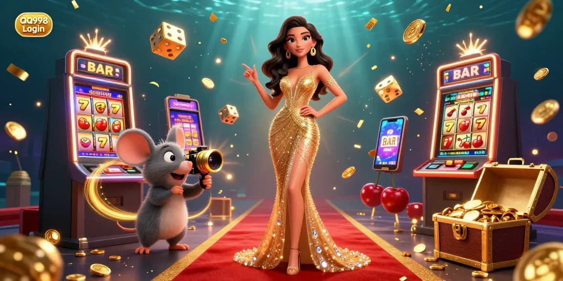 Experience the excitement of QQ998 Login with a vibrant scene of casino games, jackpots, and engaging elements.