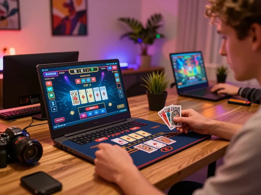 Pemain menikmati permainan blackjack Planet77 di laptop, dengan suasana nyaman dan pencahayaan yang atmosferik