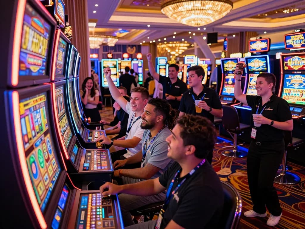 Pemain menikmati kegembiraan mesin slot link di suasana kasino yang ramai.