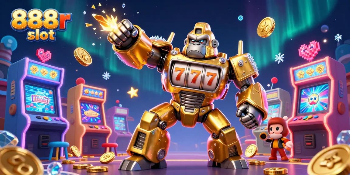 Experience 888r slot gameplay with a dynamic golden gorilla mech surrounded by thrilling casino elements.