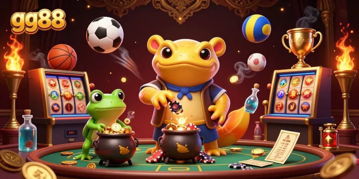 Experience the thrill of gaming with gg88's vibrant 3D casino scene depicting golden characters interacting among sports elements and coins.