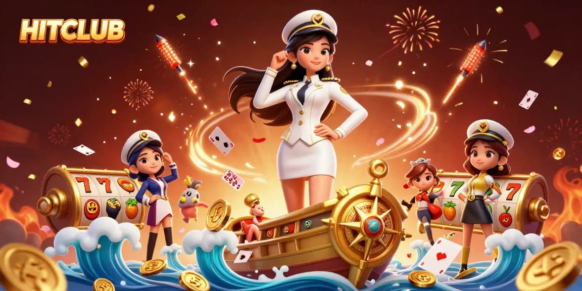 Join the excitement at HITCLUB with a vibrant 3D casino scene featuring winning slot reels and festive decorations.