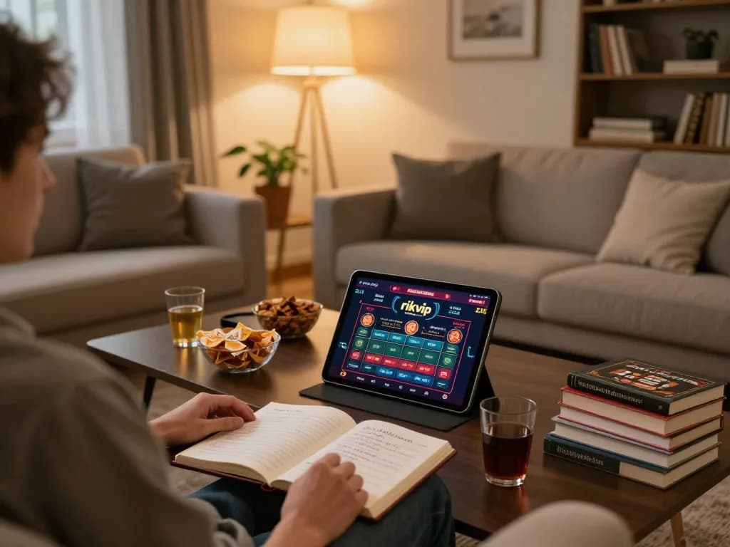 Person engaged with rikvip online casino on tablet in a cozy home setting, highlighting responsible gaming.
