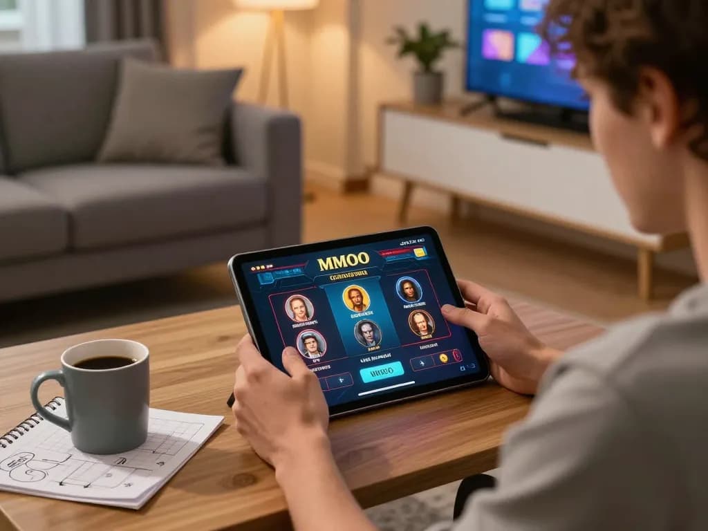 Player enjoying MMOO games on tablet amidst cozy home setting, emphasizing responsible online gambling.