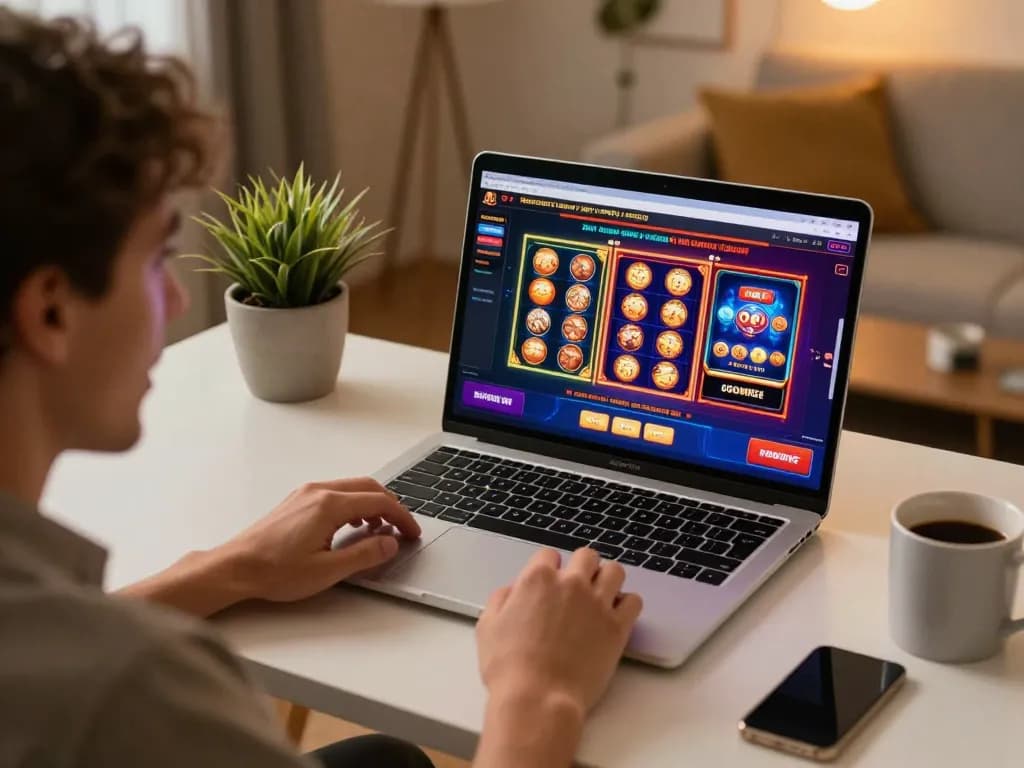 ALO8 player engaged in online gambling, laptop showcasing exciting casino games in a cozy home