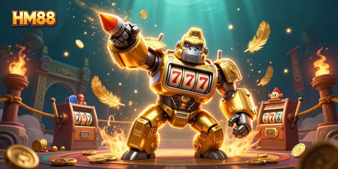 HM88 showcases an explosive online casino adventure with a dynamic gorilla mech and vibrant game elements.