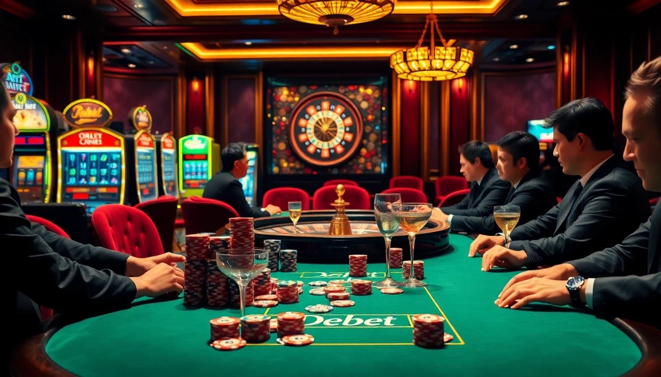 Experience the thrill of a high-stakes poker game at DEBET's luxurious casino.