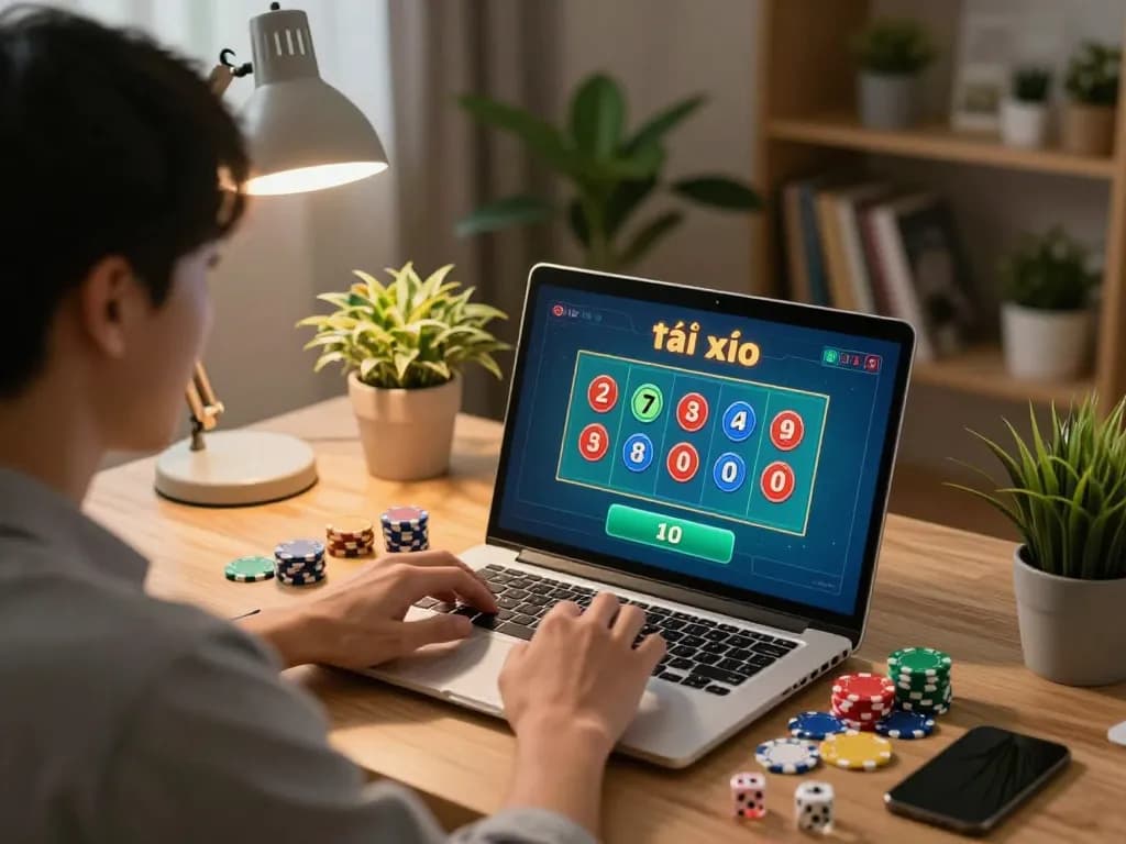 Tài xỉu online gameplay experience on a laptop with colorful chips in a cozy home office.