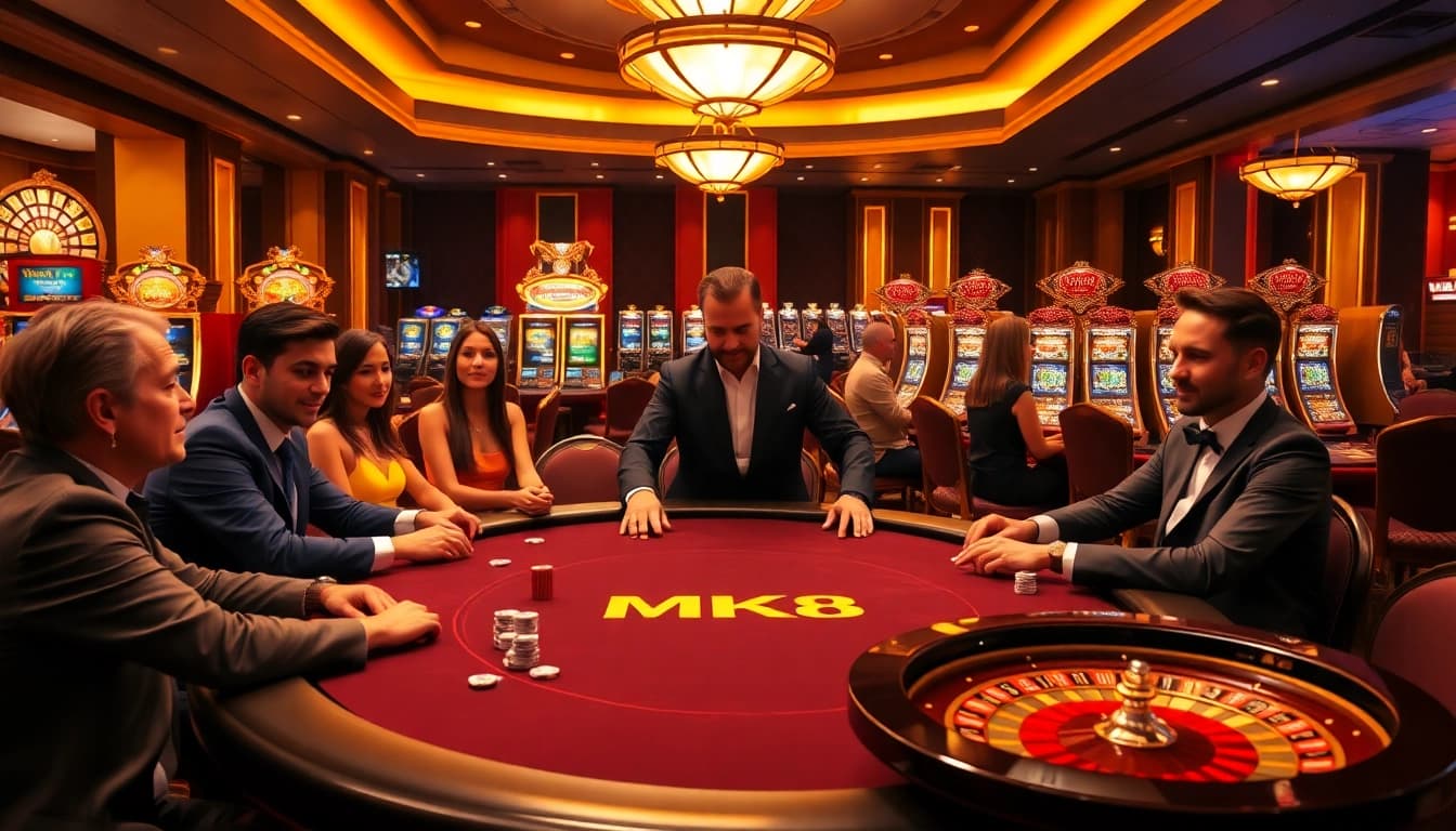 Players enjoying a thrilling game at the MK8 poker table, surrounded by luxury and excitement in a casino.