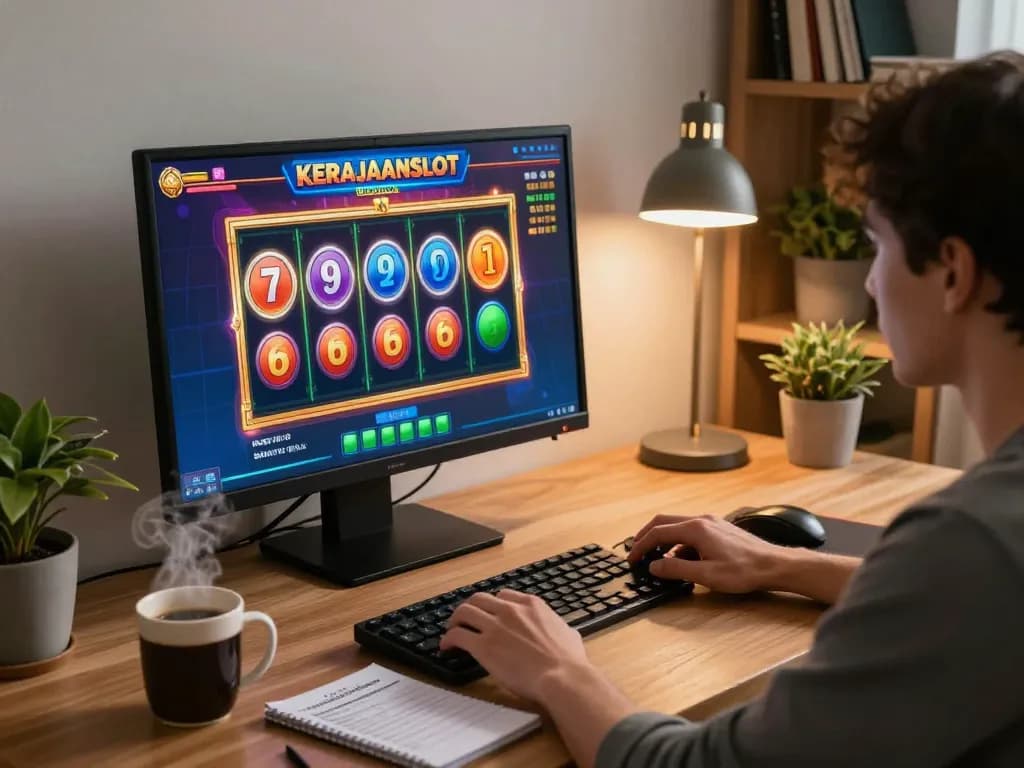 Engaged player enjoying a kerajaanslot gaming session on desktop with strategy notes nearby.