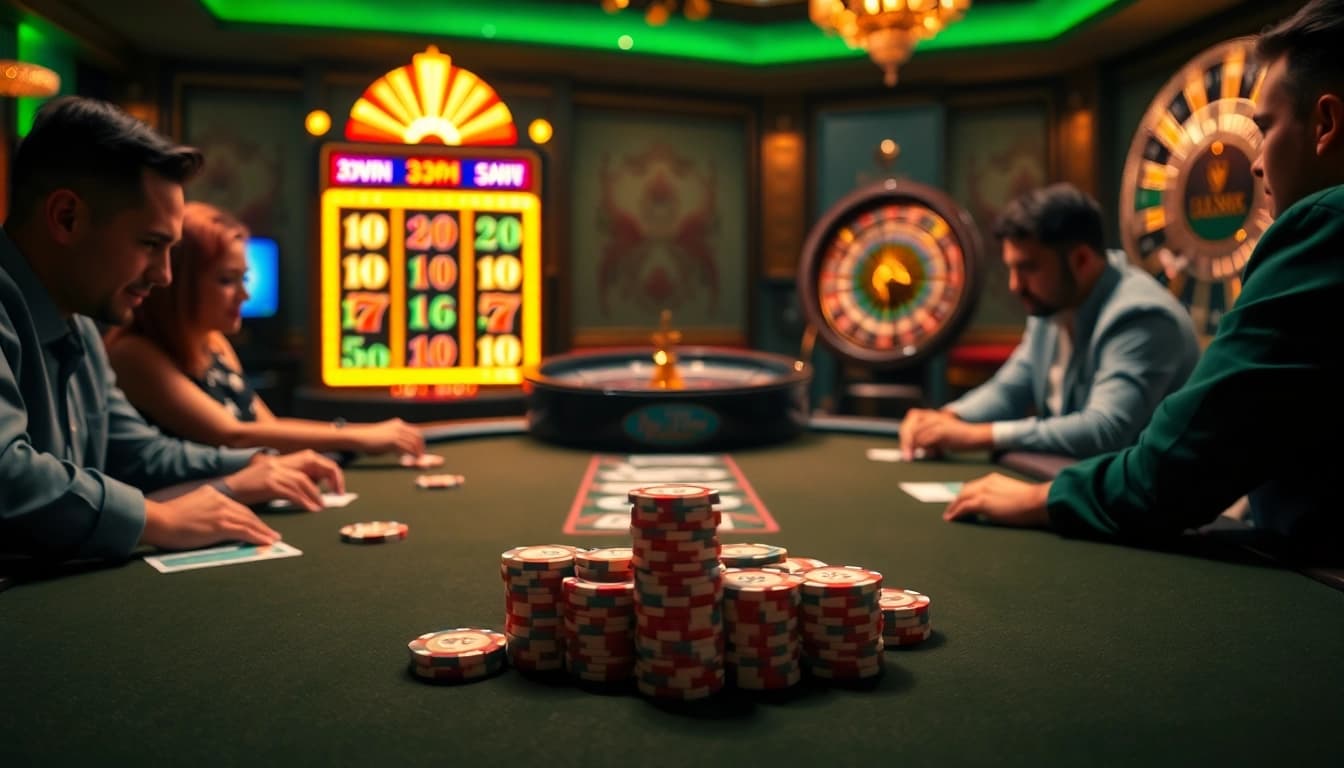 Players strategizing at a high-stakes poker table featuring 33WIN chips and cards.