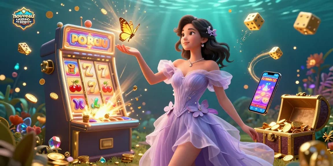 Vivez l'excitation d'un nouveau casino en ligne avec une scène éblouissante remplie de machines à sous et de papillons dorés.
