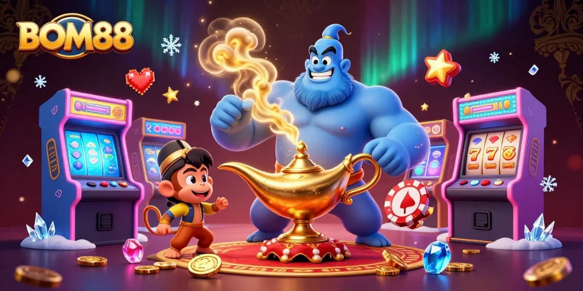 BOM88 offers an adventurous casino experience with vibrant 3D characters, slot machines, and gaming excitement.
