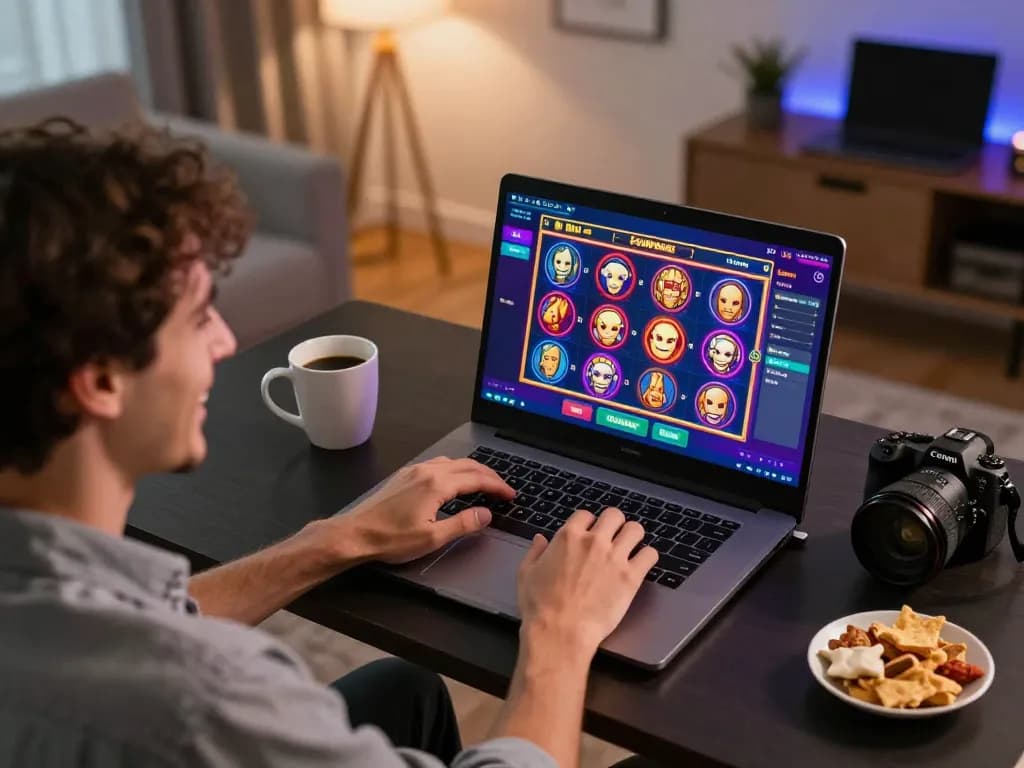 Pemain Bintangmpo terlibat dengan slot online yang menarik di laptop mereka, menggambarkan suasana permainan yang nyaman.