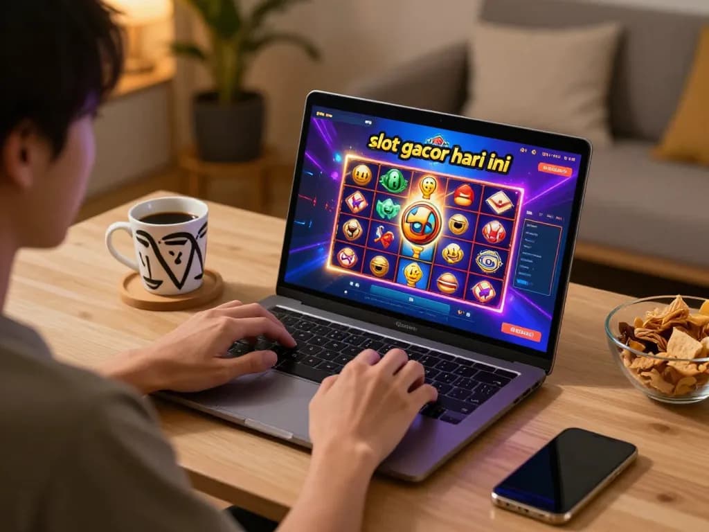 Engage in exciting slot gacor hari ini action on a sleek laptop in a cozy home setting.