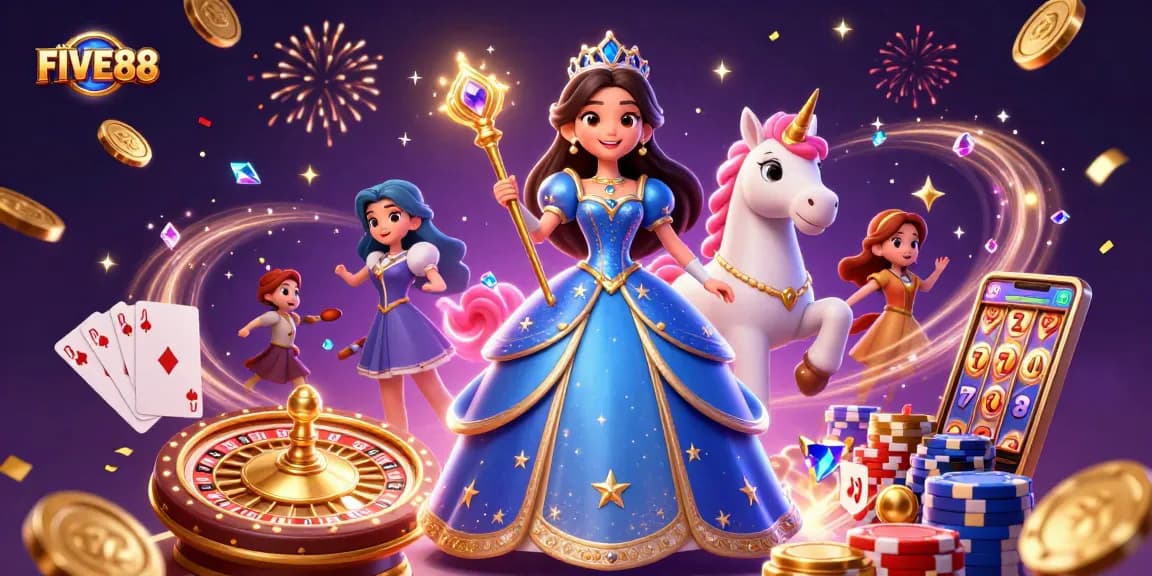 Experience the magic of FIVE88 with a stunning scene showcasing luxury and excitement in casino gaming.