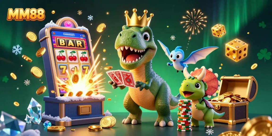 Engage with MM88 through a fun cartoon scene featuring a T-Rex and friends at a vibrant casino.