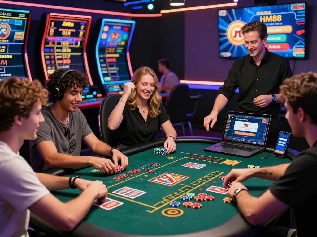Exciting gambling scene for hm88 đăng nhập, showcasing diverse players at a digital casino table.
