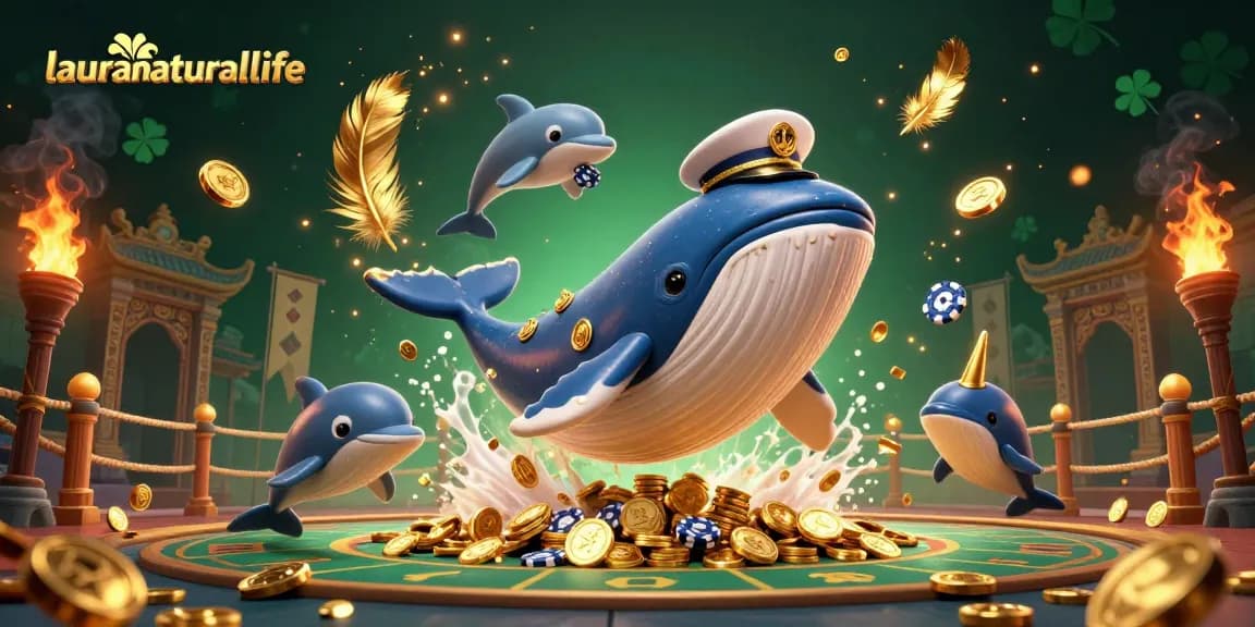 Melihat laurasnaturallife dalam aksi penuh warna di dunia perjudian yang menarik dengan ikan paus kartun, narwhal, dan lumba-lumba.