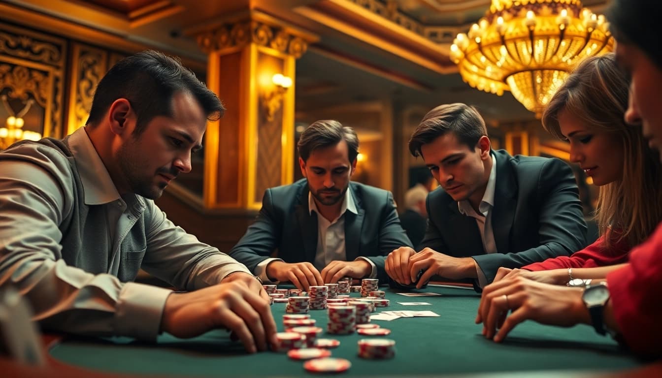 Melihat pemain poker online berkonsentrasi di meja kasino dengan suasana yang mendebarkan.