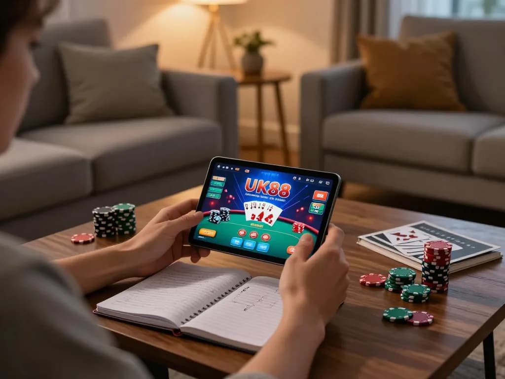 Engaging in online poker with UK88 app on mobile device in a cozy home setting.