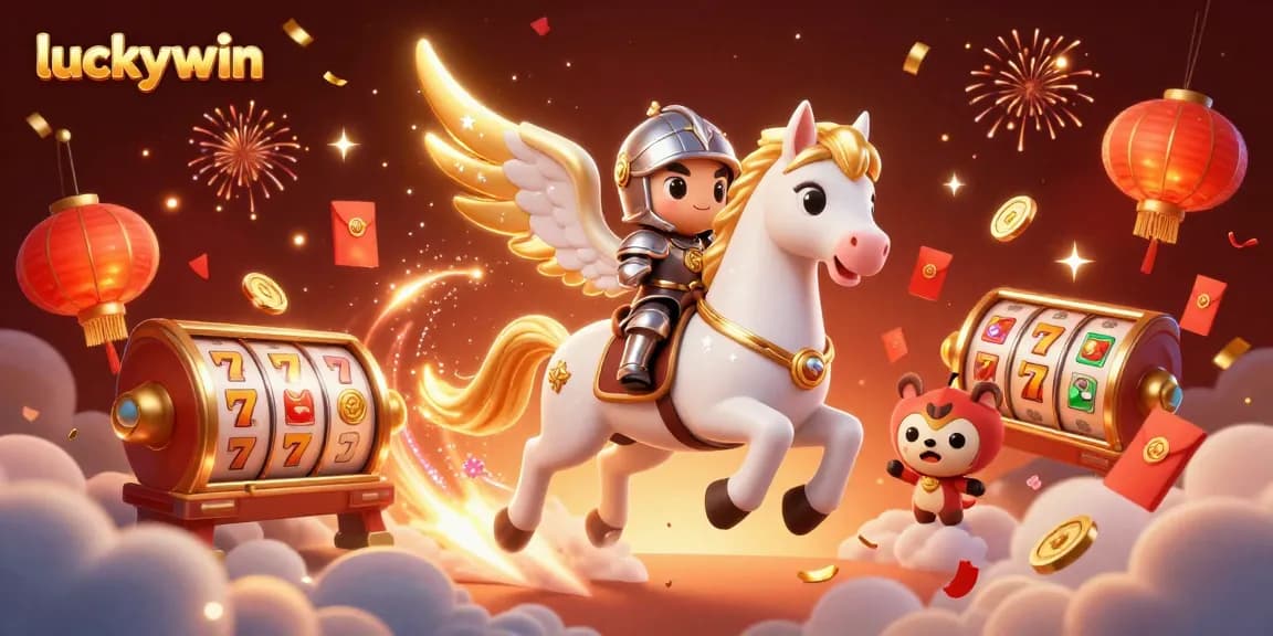 Experience the thrill of luckywin with a celestial horse and jackpot symbols in a vibrant casino scene.