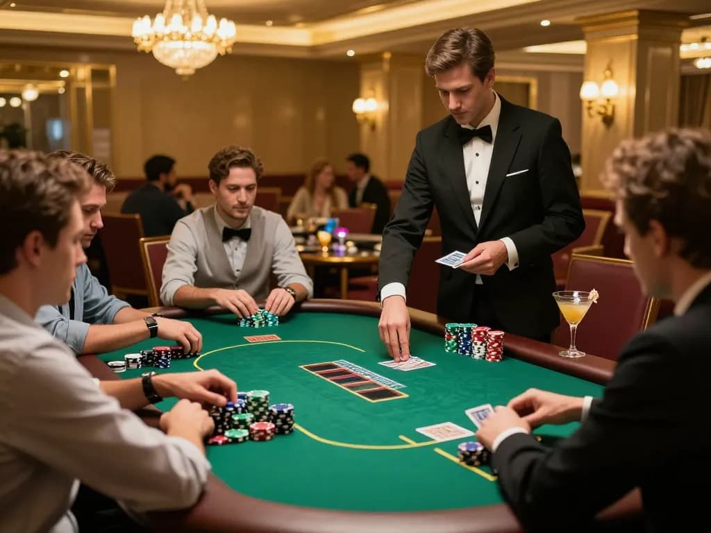 Engaged players at an upscale poker table at https://kjc.events/, showcasing high-stakes gameplay and vibrant atmosphere.