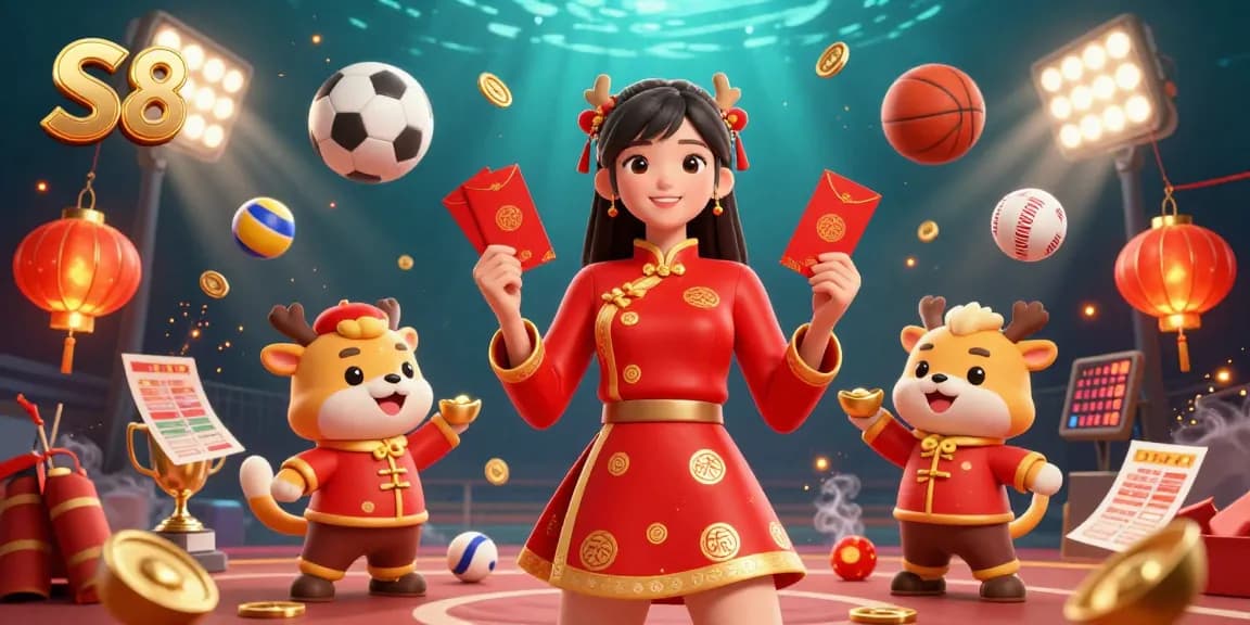 S8 brings excitement to casino gaming with vibrant illustration featuring festive characters and dynamic sports elements.