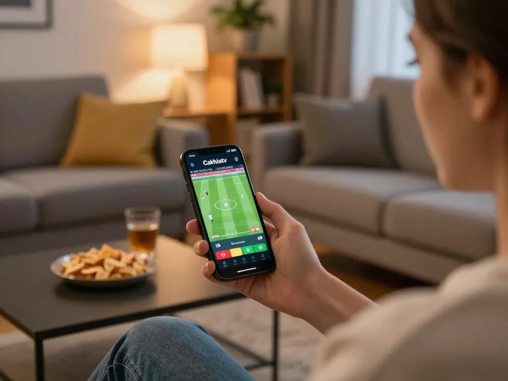 Enjoying live football on Cakhiatv app with a smartphone in a cozy living room.