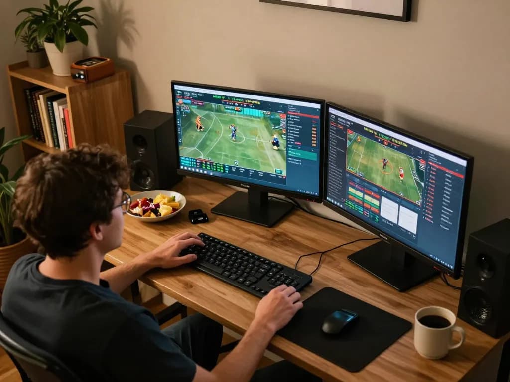 Betting expert analyzing MK8 sports odds on multiple screens during an online gaming session.