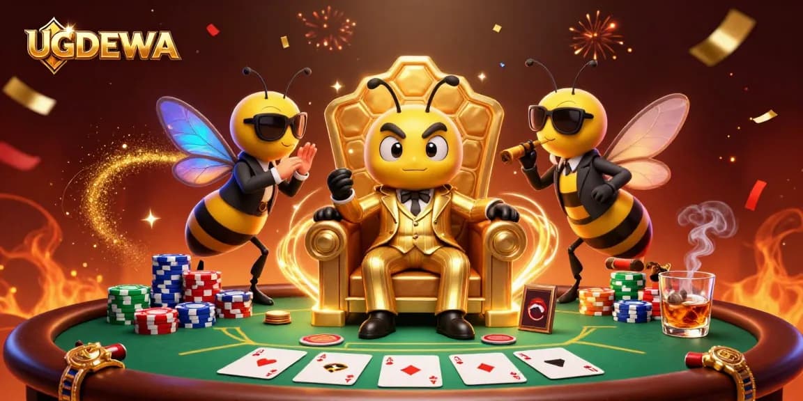 Engage with exciting poker action at UGDEWA, featuring a bumblebee mob boss in a dynamic casino scene.