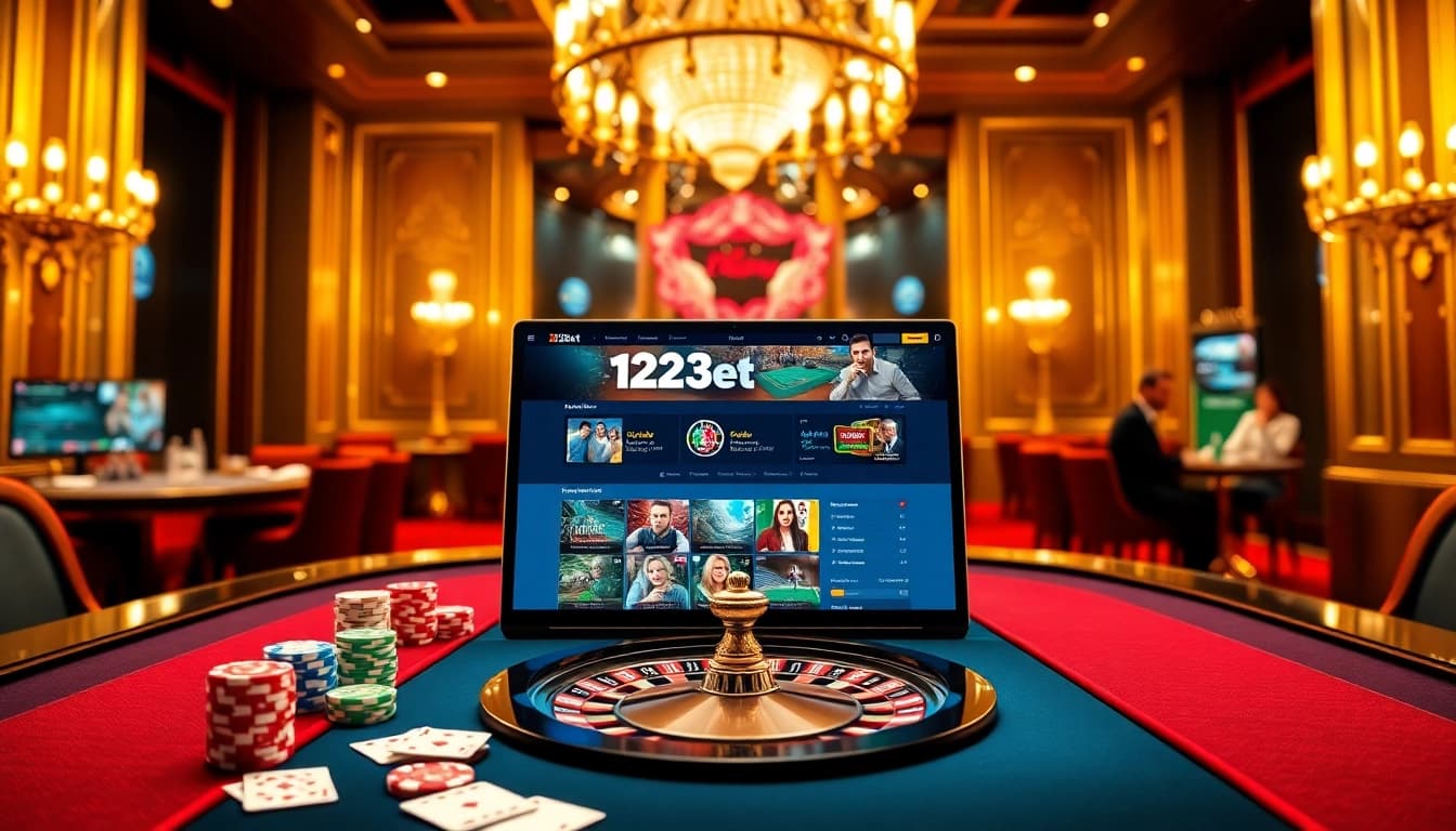 123bet showcases online gambling excitement with vibrant gaming tables and poker chips.