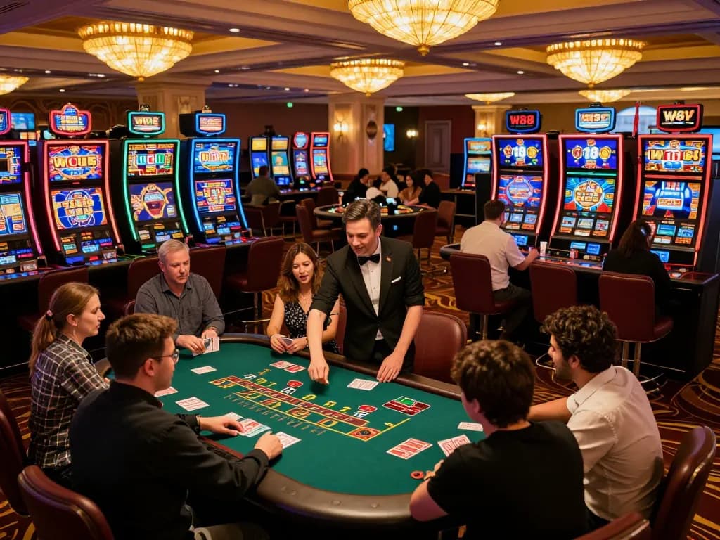 Players enjoying dynamic gameplay at W88 casino tables, immersed in a stylish ambiance