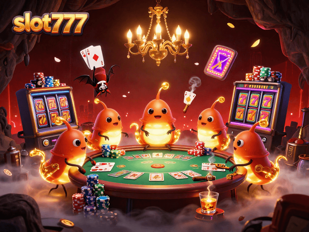 Experience the excitement of slot777 with animated glowworms and vibrant casino elements.