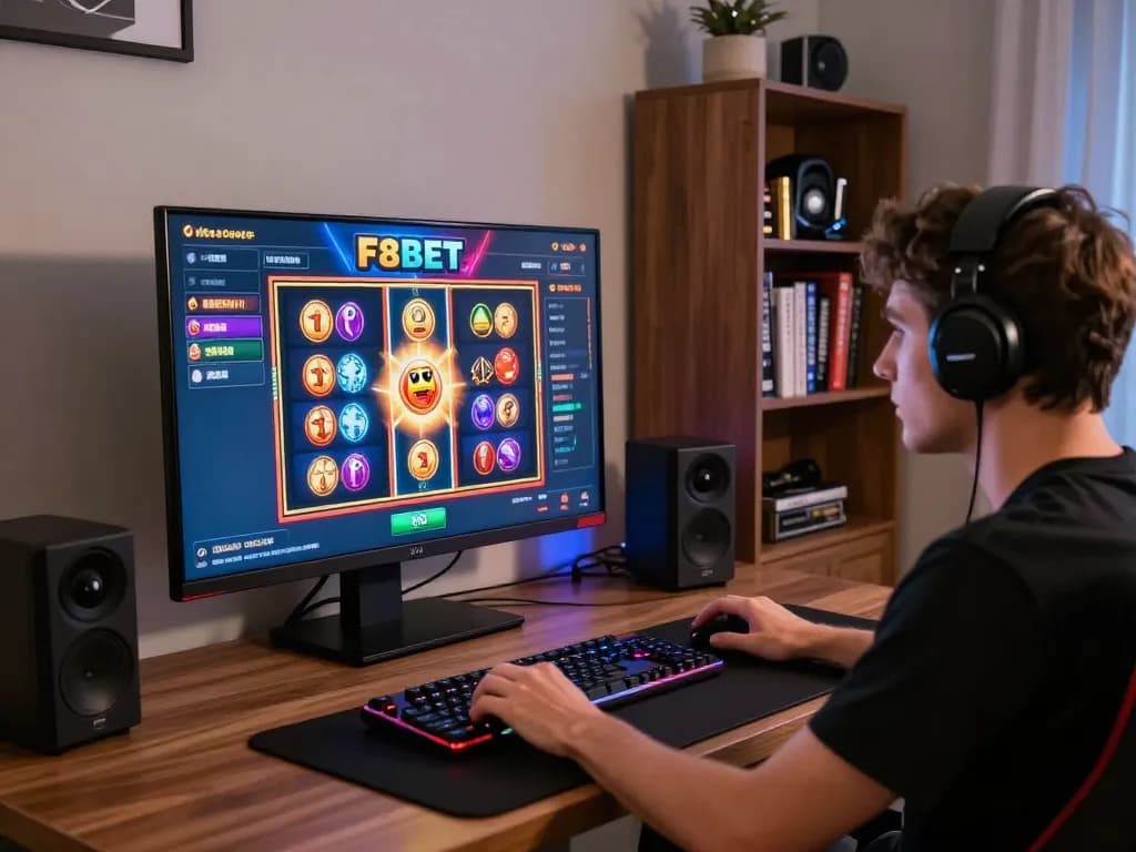 Engaged player enjoying F8BET online casino games in a cozy home gaming setup.