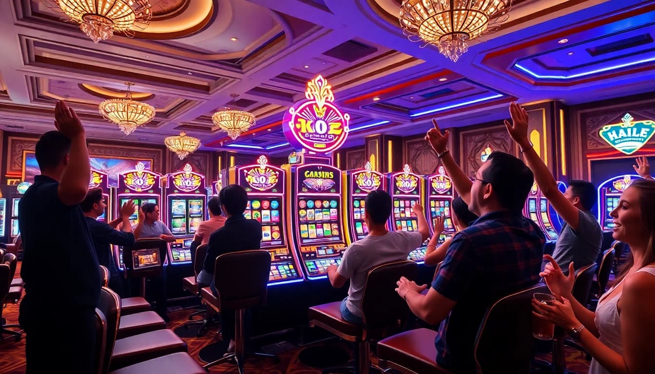 1777 bet 777 slots নিয়ে উত্তেজনাপূর্ণ ক্যাসিনো দৃশ্য এবং জ্বলন্ত স্লট মেশিনের ছবি।