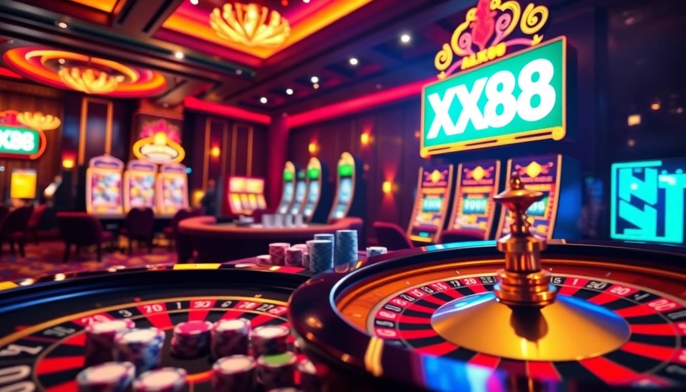 Experience the thrill of gaming at XX88 with vibrant casino tables, poker chips, and roulette wheels.