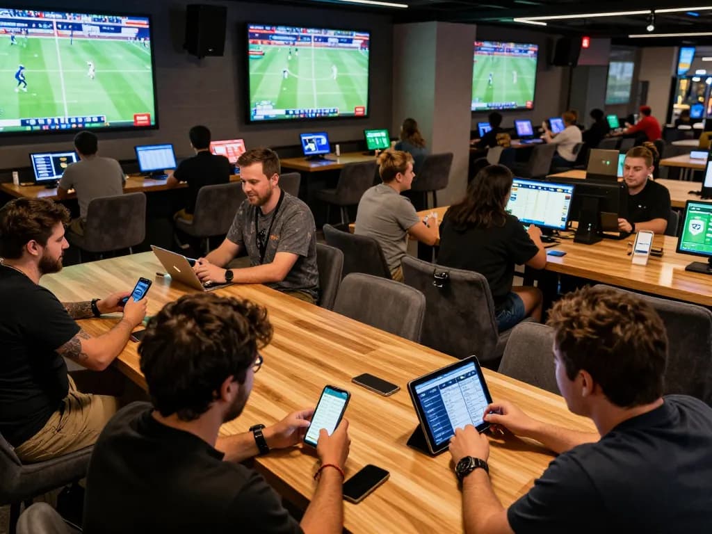 People engaging in live sports betting at a contemporary lounge while using mposport apps on digital devices