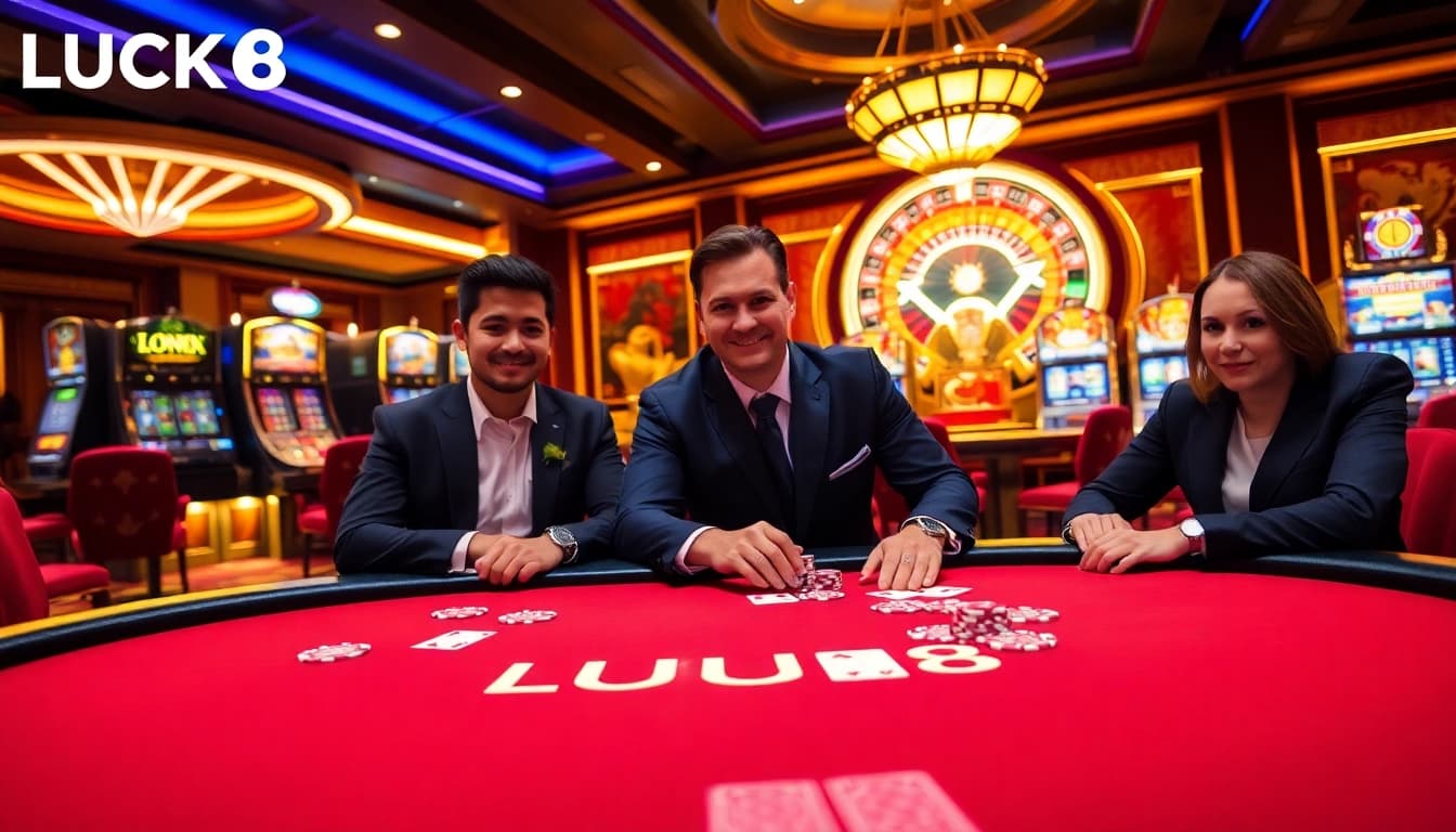 Experience thrilling gameplay at LUCK8, featuring a luxurious casino atmosphere with poker and roulette.